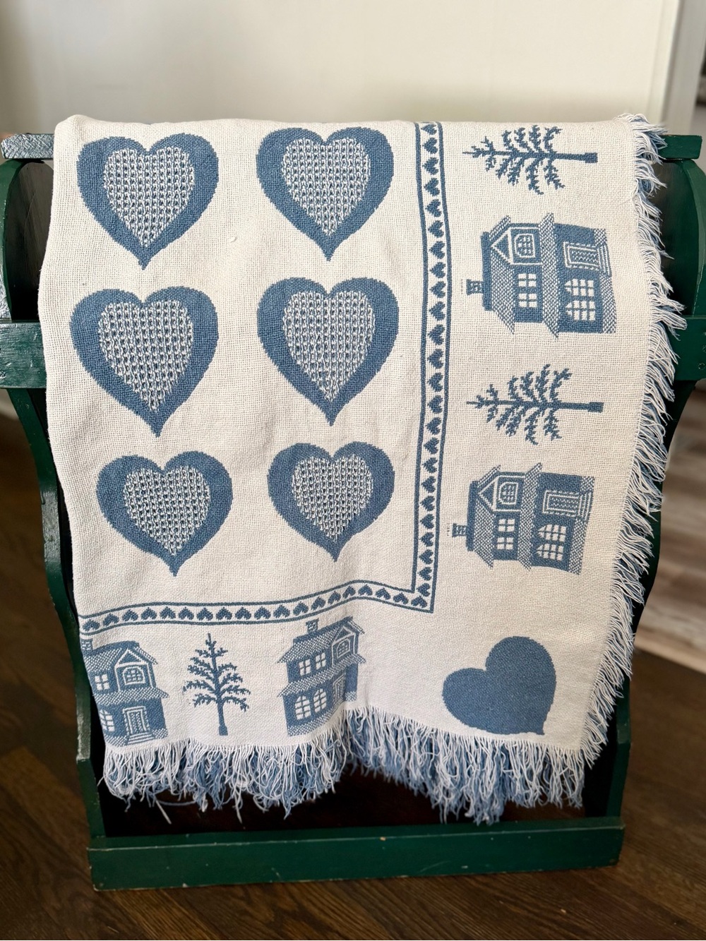 Heart & House Pattern Woven Throw Blanket in Blue and Cream
